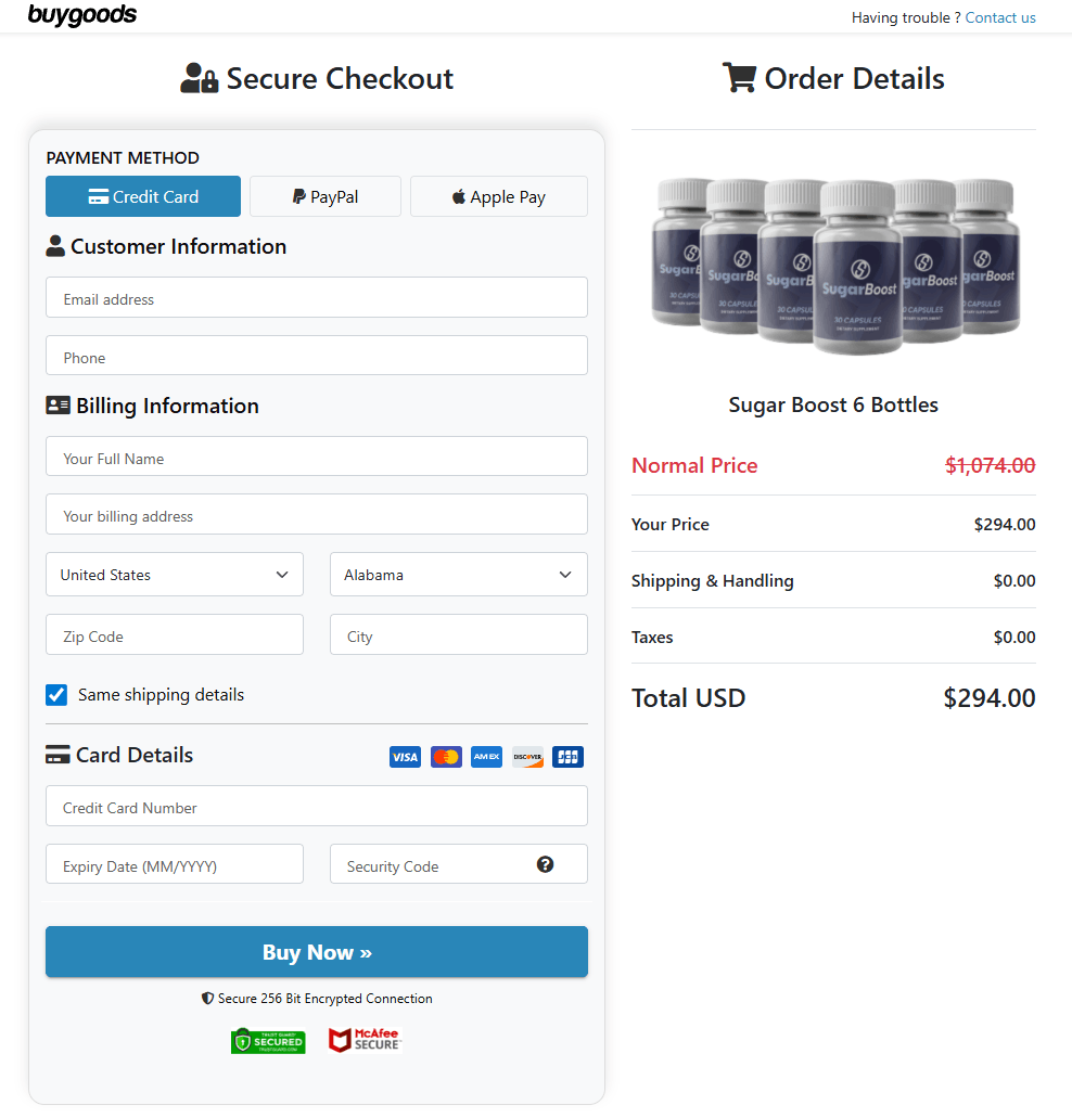 Sugar Boost order page